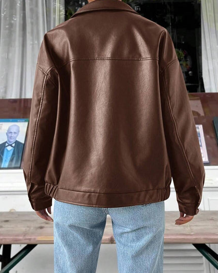 Women's Collared Zip Up Oversized Faux Leather Jacket
