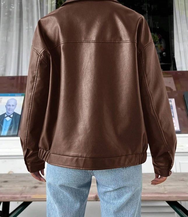Women's Collared Zip Up Oversized Faux Leather Jacket