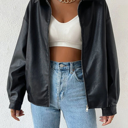 Women's Collared Zip Up Oversized Faux Leather Jacket