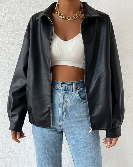 Women's Collared Zip Up Oversized Faux Leather Jacket