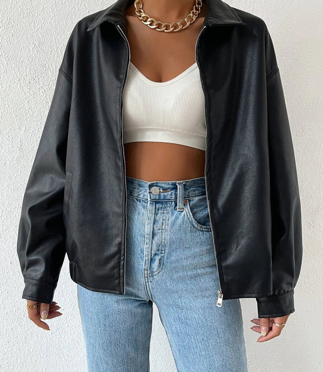 Women's Collared Zip Up Oversized Faux Leather Jacket