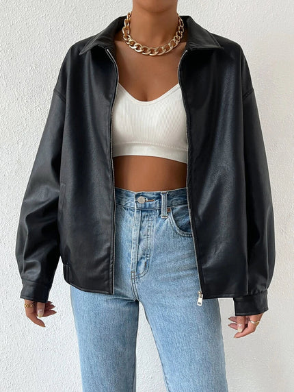 Women's Collared Zip Up Oversized Faux Leather Jacket