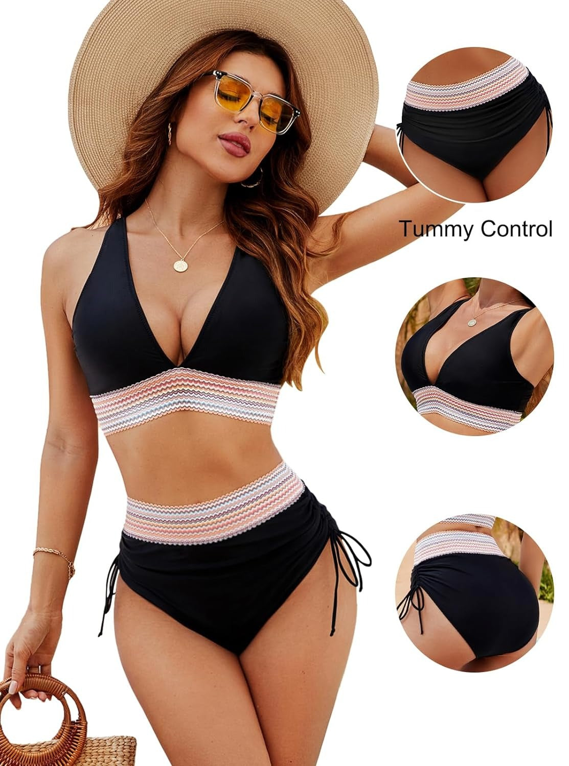 Product detail shots showing control high waist bikini with striped band