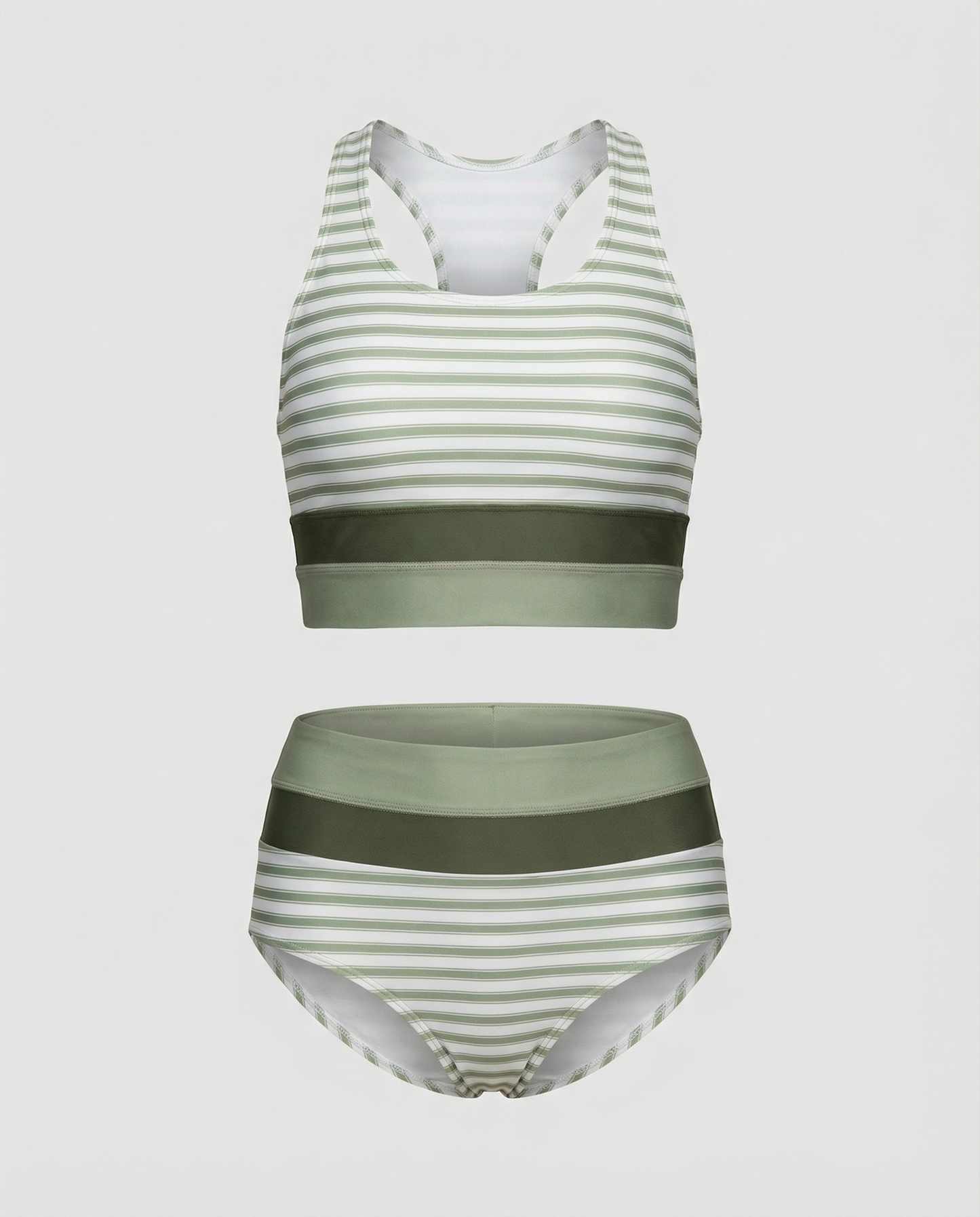Green striped colorblock bikini set with solid band detail