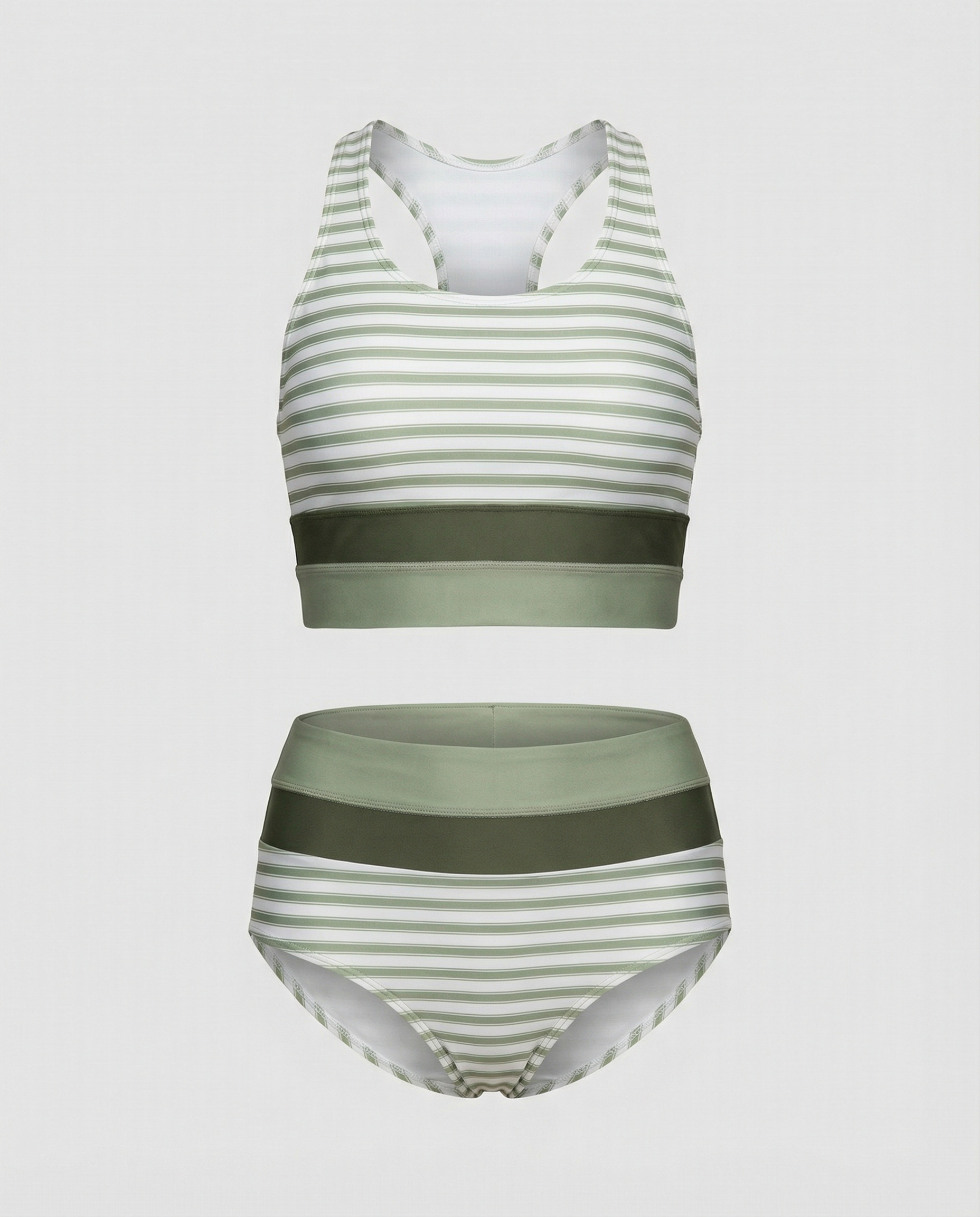 Green striped colorblock bikini set with solid band detail