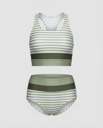Green striped colorblock bikini set with solid band detail