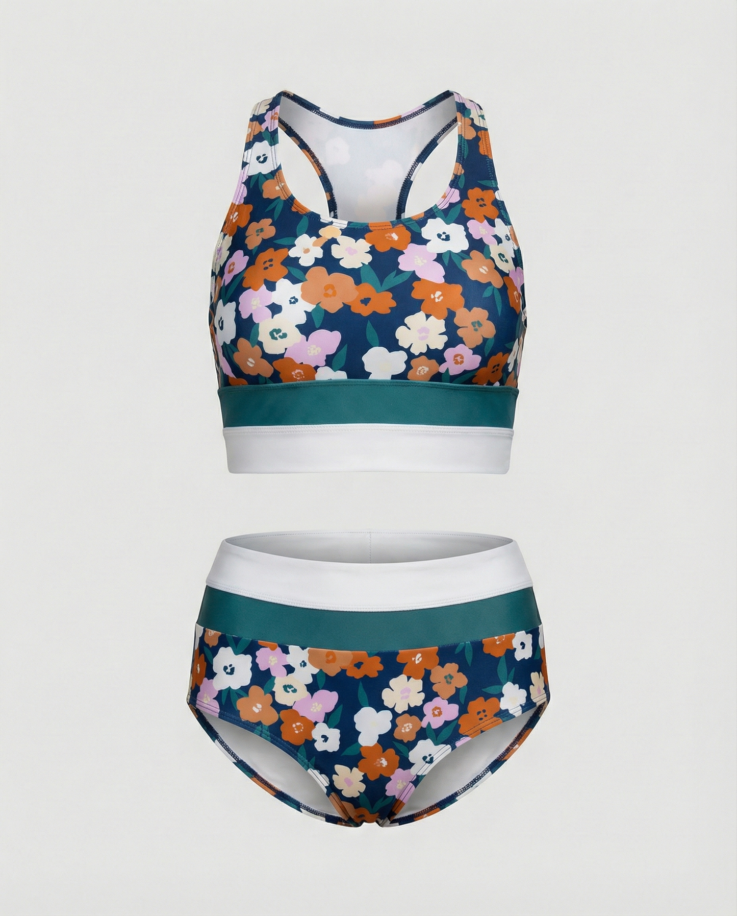 Floral print racerback bikini top with teal and white colorblock band