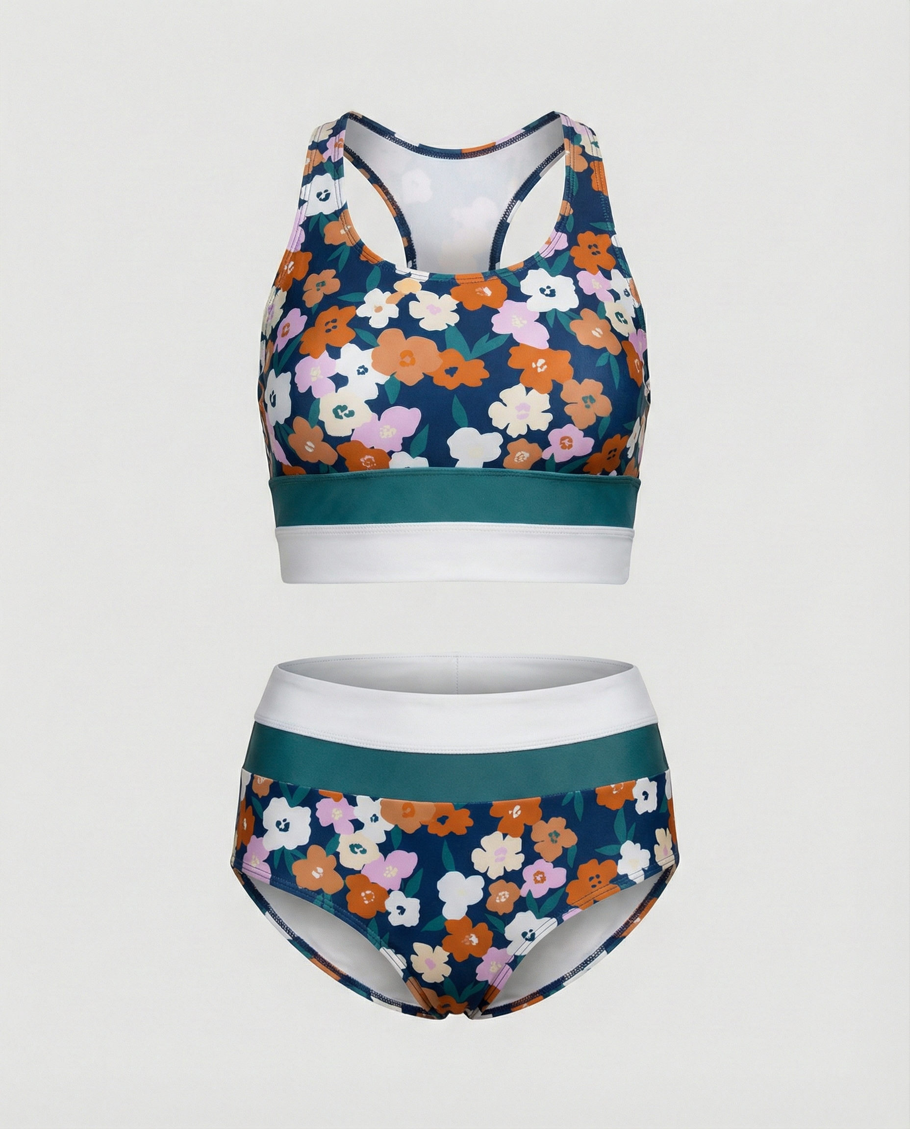 Floral print racerback bikini top with teal and white colorblock band
