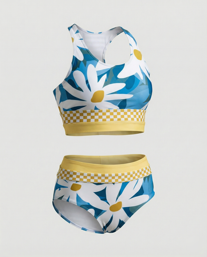 Blue daisy print racerback bikini with yellow checkered colorblock trim