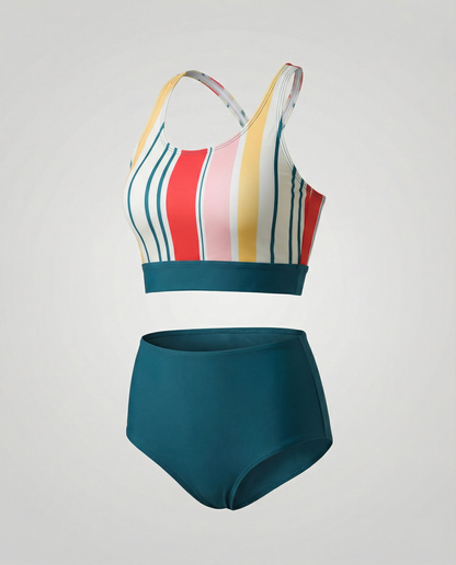 Multicolor striped racerback bikini top with teal solid bottom
