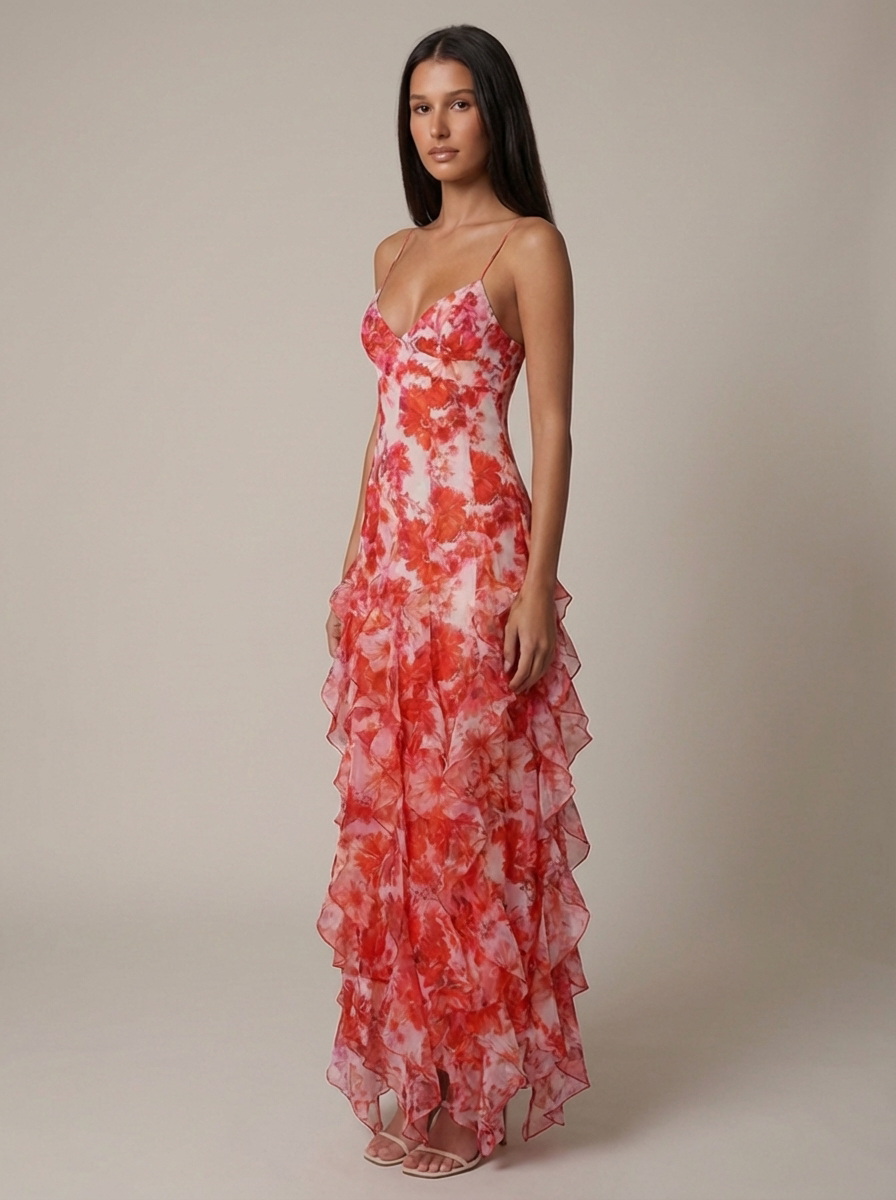 Women's Coral V-Neck Summer Maxi Dress for Wedding Guests