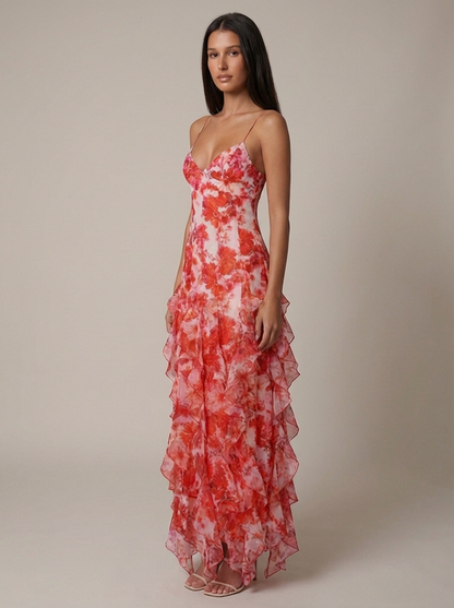 Women's Coral V-Neck Summer Maxi Dress for Wedding Guests