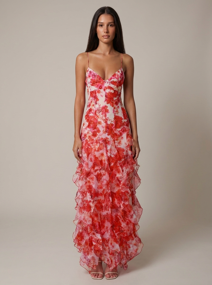 Women's Coral V-Neck Summer Maxi Dress for Wedding Guests