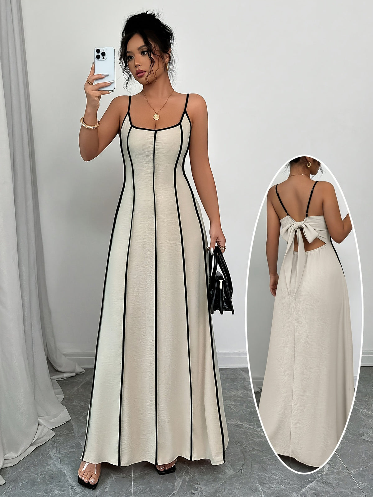 Women's Cream Satin V-Neck Maxi Dress for Wedding Guests