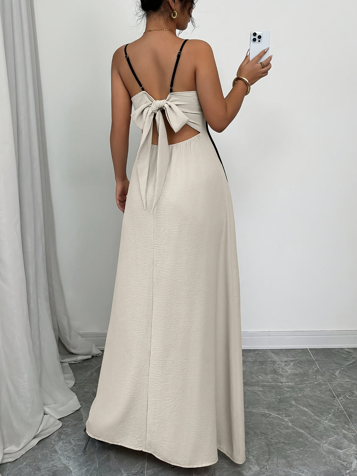 Women's Cream Satin V-Neck Maxi Dress for Wedding Guests
