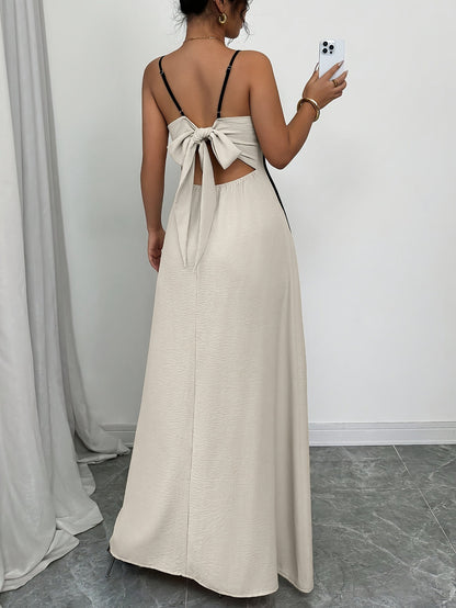 Women's Cream Satin V-Neck Maxi Dress for Wedding Guests