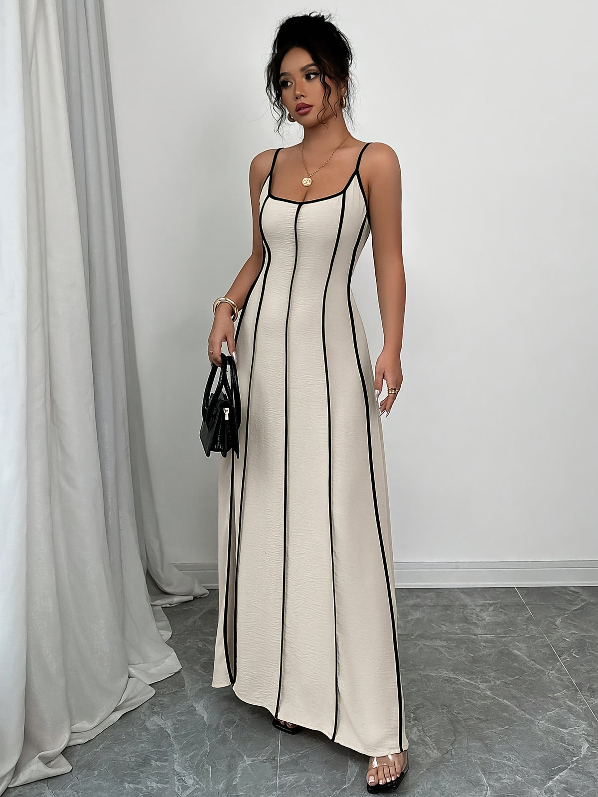 Women's Cream Satin V-Neck Maxi Dress for Wedding Guests