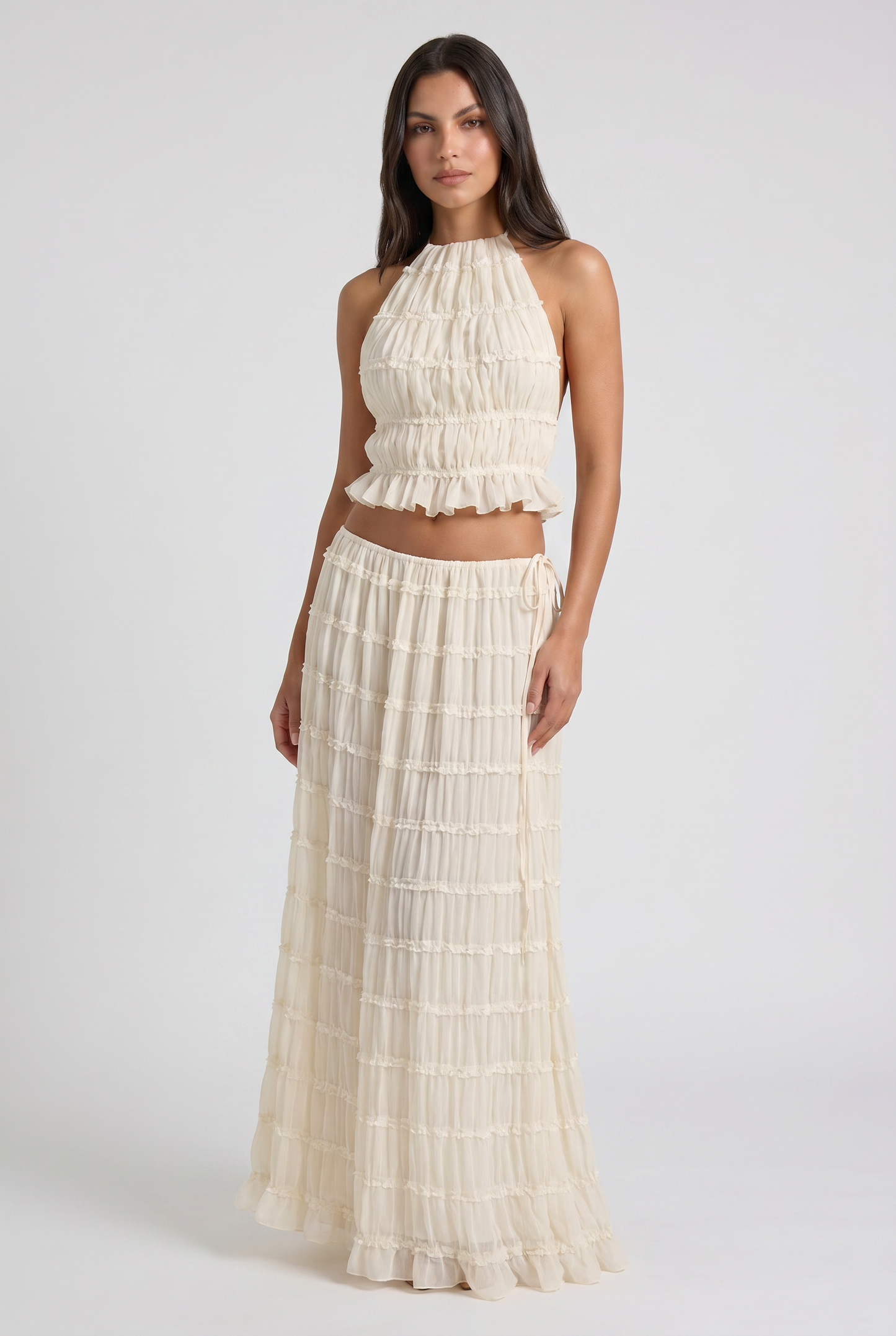 Women's Cream Two Piece Co-ord Maxi Skirt Set for Summer