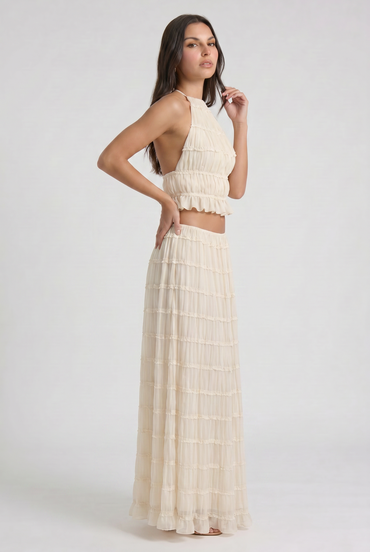 Women's Cream Two Piece Co-ord Maxi Skirt Set for Summer