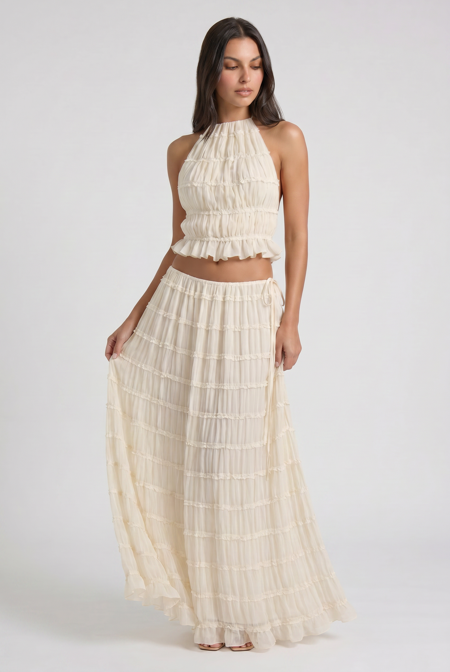 Women's Cream Two Piece Co-ord Maxi Skirt Set for Summer
