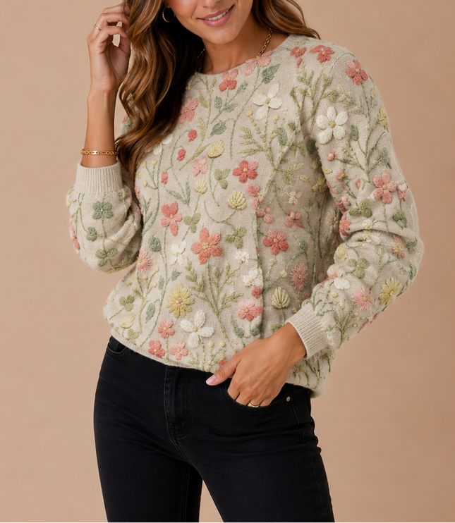 Women's Crew Neck Floral Embroidered Knit Sweater
