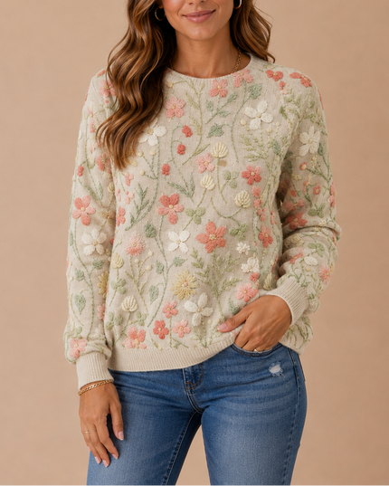 Women's Crew Neck Floral Embroidered Knit Sweater