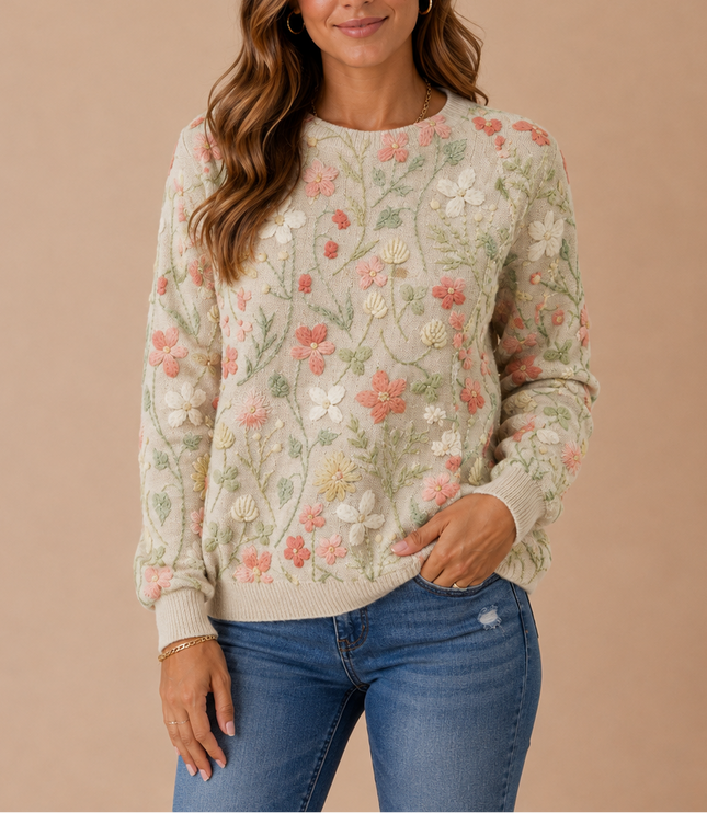 Women's Crew Neck Floral Embroidered Knit Sweater
