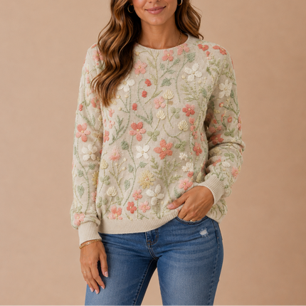 Women's Crew Neck Floral Embroidered Knit Sweater