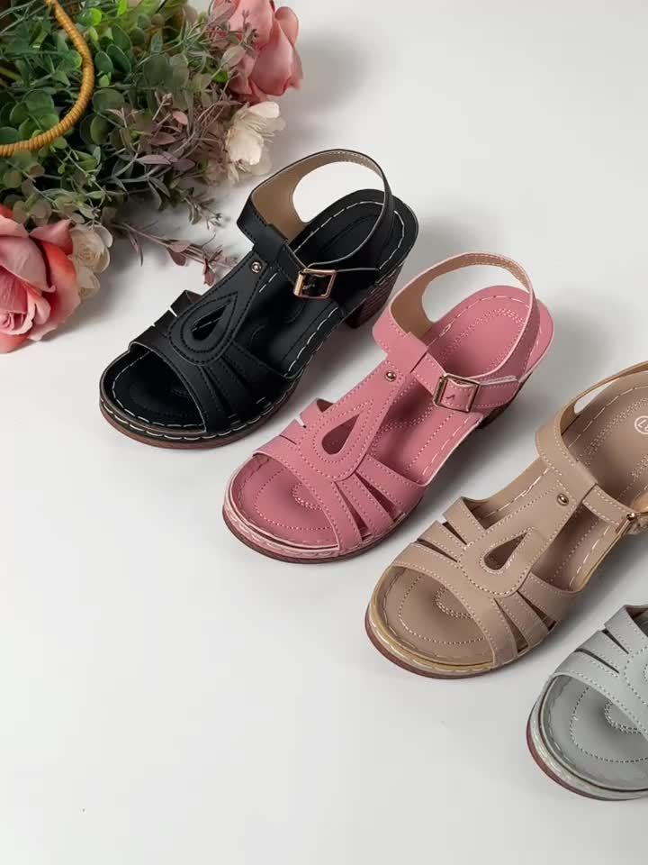 Multi-color block heel t-strap sandals in black, pink, beige and gray with buckle straps