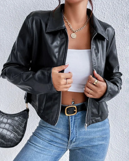 Women's Cropped Collared Zip Jacket in Black Faux Leather