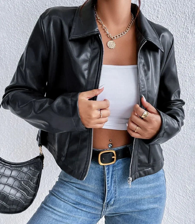 Women's Cropped Collared Zip Jacket in Black Faux Leather