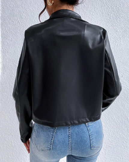 Women's Cropped Collared Zip Jacket in Black Faux Leather