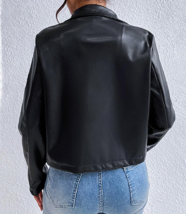 Women's Cropped Collared Zip Jacket in Black Faux Leather