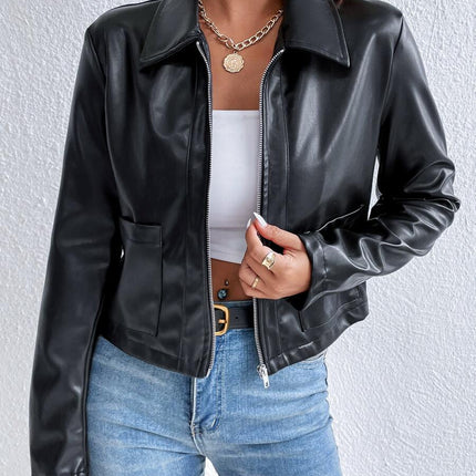 Women's Cropped Collared Zip Jacket in Black Faux Leather