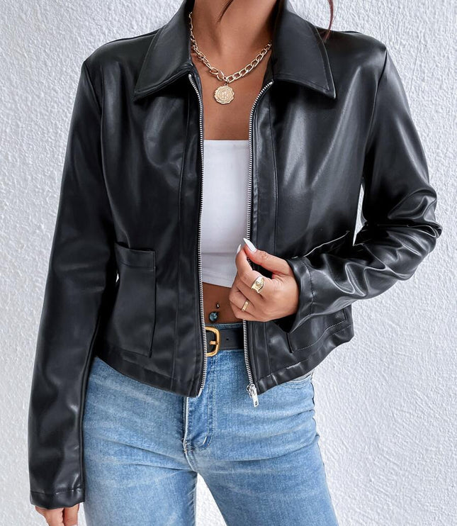 Women's Cropped Collared Zip Jacket in Black Faux Leather