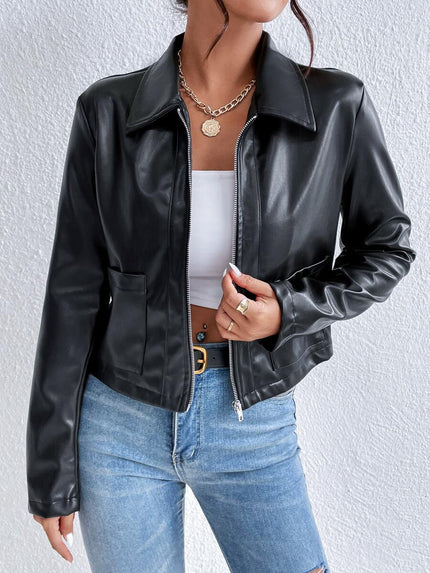 Women's Cropped Collared Zip Jacket in Black Faux Leather