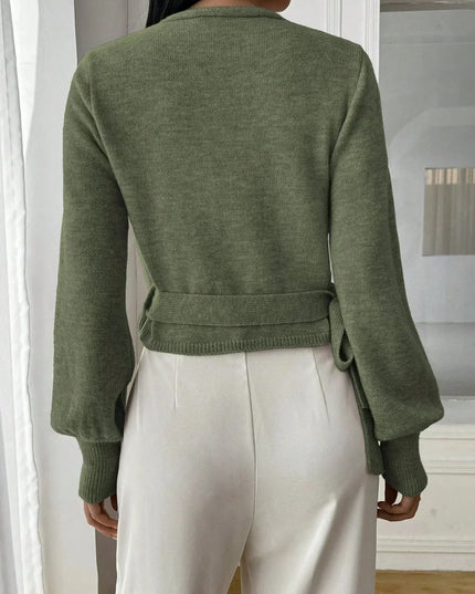 Women's Cropped Ribbed Knit Sweater with V Neck Wrap Front
