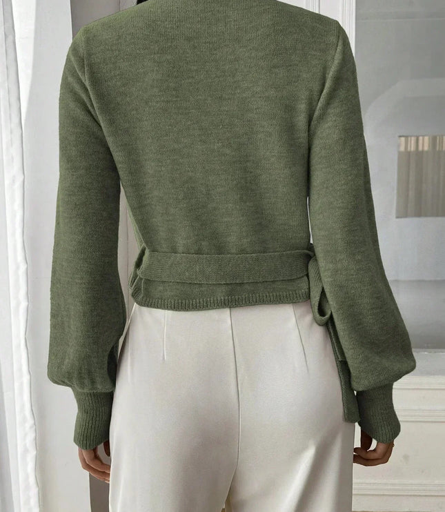 Women's Cropped Ribbed Knit Sweater with V Neck Wrap Front