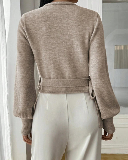 Women's Cropped Ribbed Knit Sweater with V Neck Wrap Front