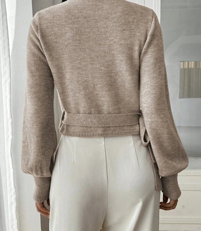 Women's Cropped Ribbed Knit Sweater with V Neck Wrap Front