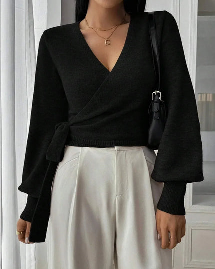Women's Cropped Ribbed Knit Sweater with V Neck Wrap Front