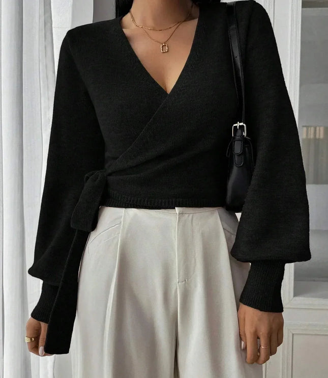 Women's Cropped Ribbed Knit Sweater with V Neck Wrap Front