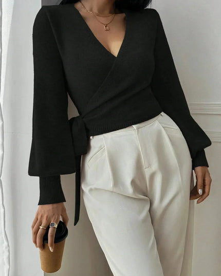 Women's Cropped Ribbed Knit Sweater with V Neck Wrap Front