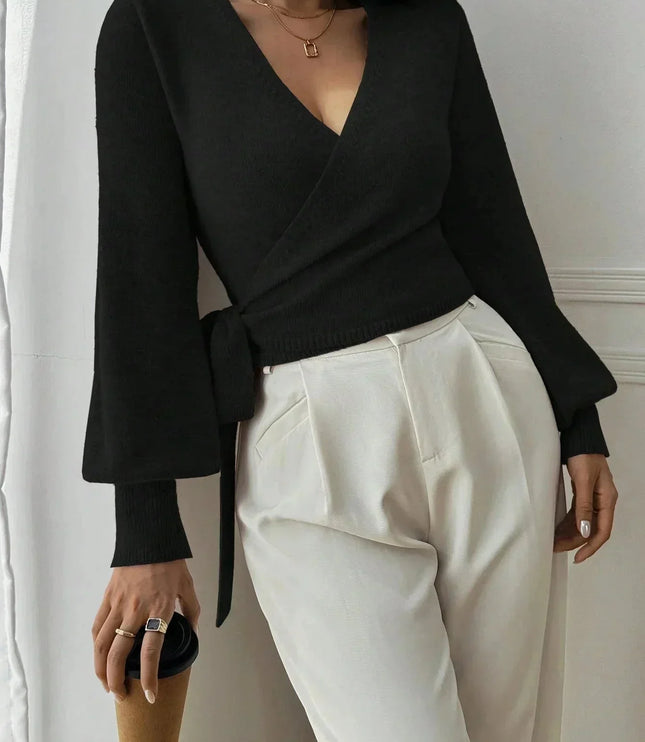 Women's Cropped Ribbed Knit Sweater with V Neck Wrap Front
