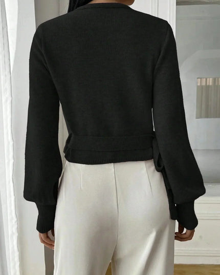 Women's Cropped Ribbed Knit Sweater with V Neck Wrap Front