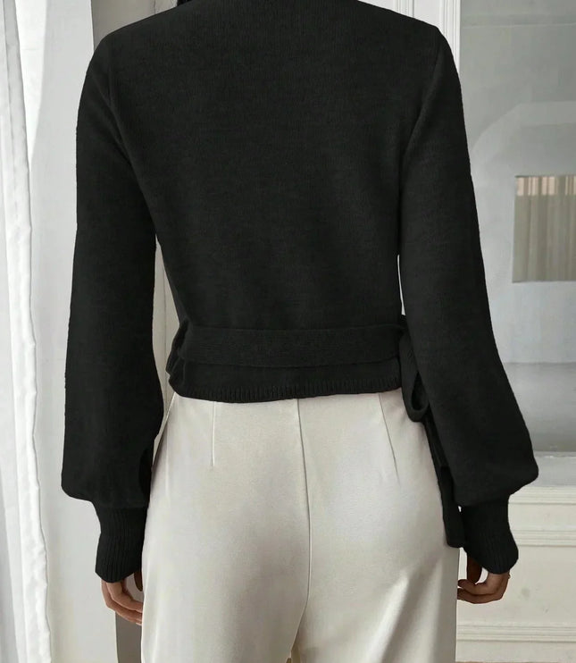 Women's Cropped Ribbed Knit Sweater with V Neck Wrap Front