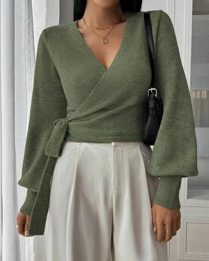 Women's Cropped Ribbed Knit Sweater with V Neck Wrap Front