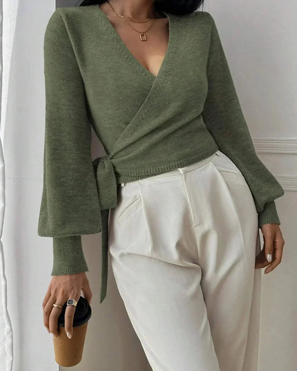 Women's Cropped Ribbed Knit Sweater with V Neck Wrap Front