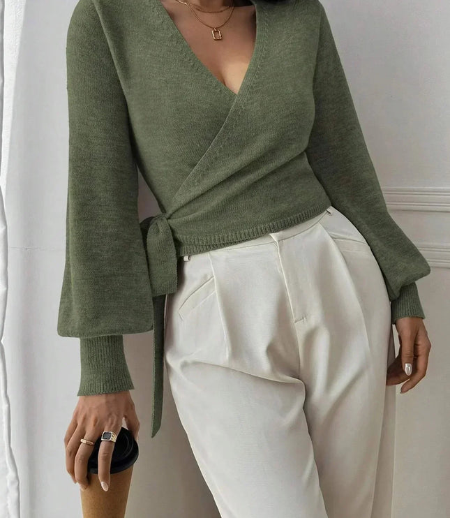 Women's Cropped Ribbed Knit Sweater with V Neck Wrap Front
