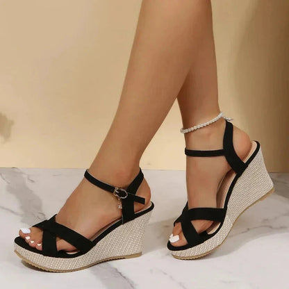 Black velvet ankle strap platform wedge sandals with woven textured sole